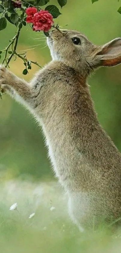 Cute rabbit reaching for red flowers in a green nature setting.