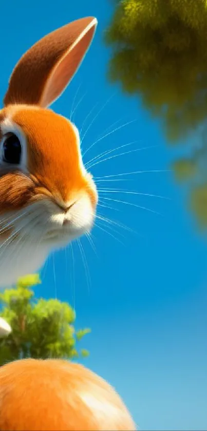 Adorable rabbit looks up against clear blue sky.