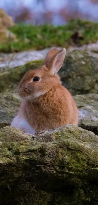 Cute brown rabbit sitting on mossy rocks.