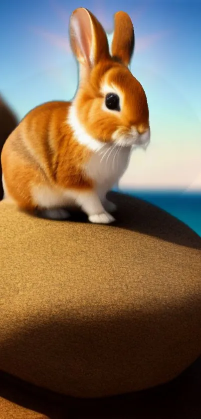 Cute rabbit perched on a large rock with a serene beach backdrop.