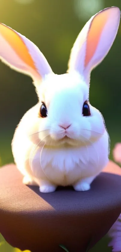 Adorable white rabbit on stone surrounded by flowers in nature.