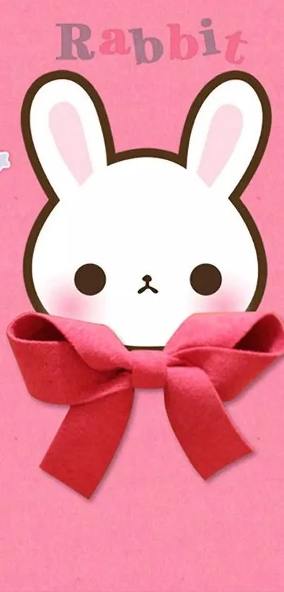 Pink wallpaper with cute rabbit and bow design.