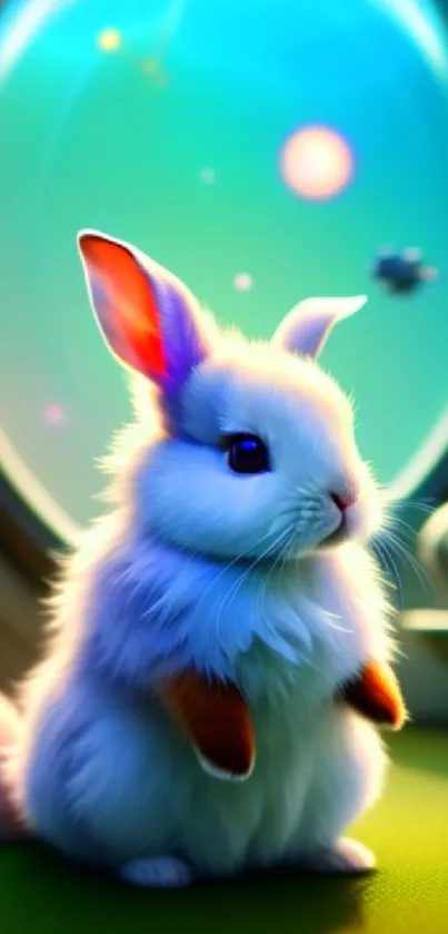 Cute rabbit in a colorful space-themed wallpaper.