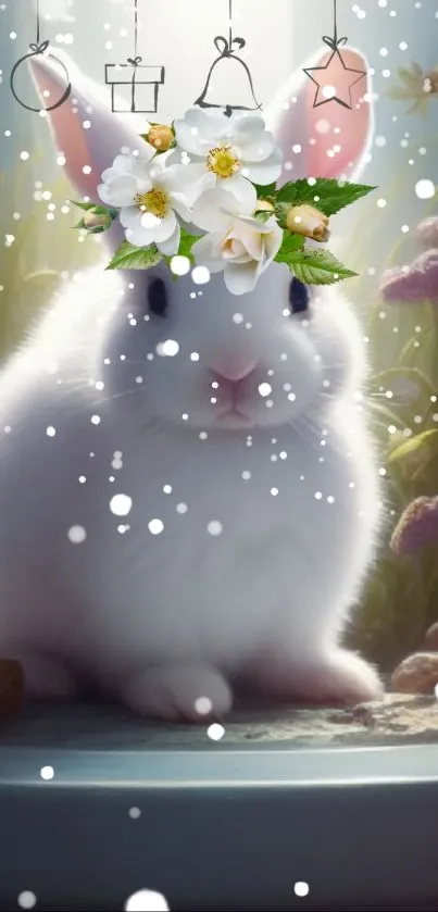 Cute white rabbit with floral crown in a spring setting, snowflakes falling.