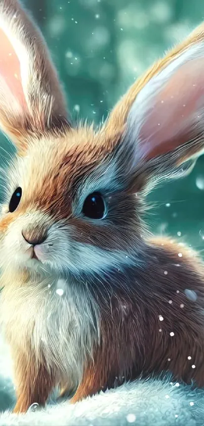 Cute rabbit in snowy setting, teal background.