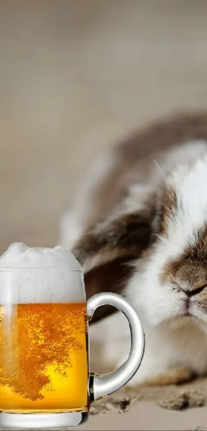 Cute rabbit with a frothy beer mug on a beige background.