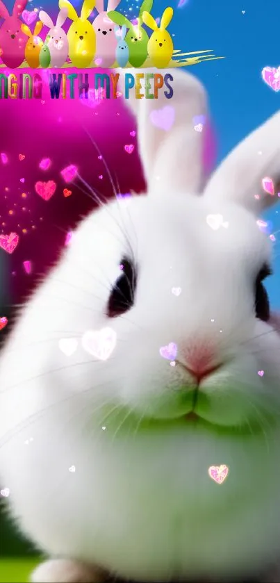 Adorable white rabbit with colorful, floating hearts wallpaper.