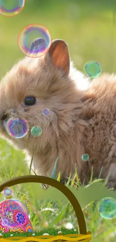 Cute rabbit on grass with Easter basket and bubbles.