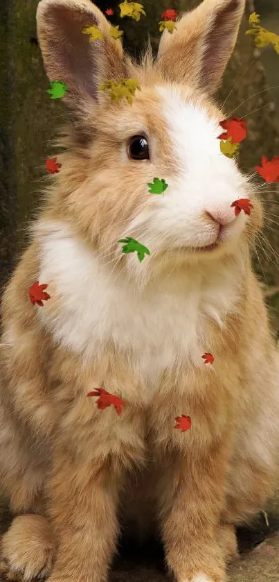 Cute rabbit with colorful leaves in autumn setting.