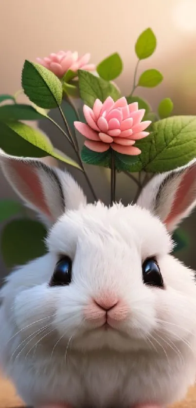 Adorable white rabbit with pink flowers on a serene background.