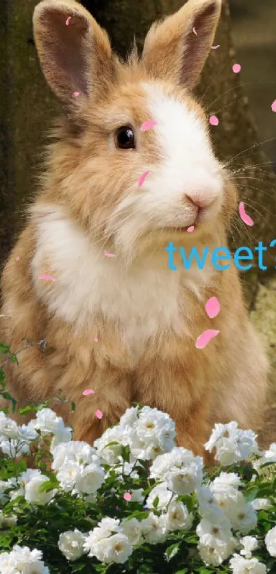 Fluffy brown rabbit among vibrant white flowers.