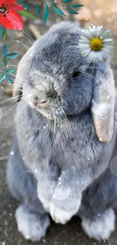 Gray rabbit with flowers mobile wallpaper.