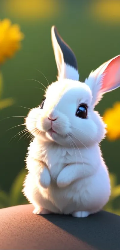 Fluffy white rabbit with yellow flowers in a sunny meadow.