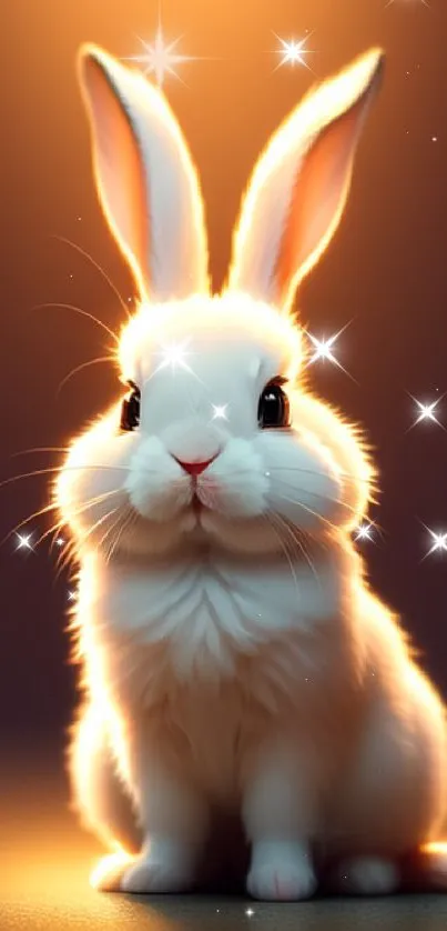 Fluffy white rabbit with glowing ears, set against a warm-toned background.