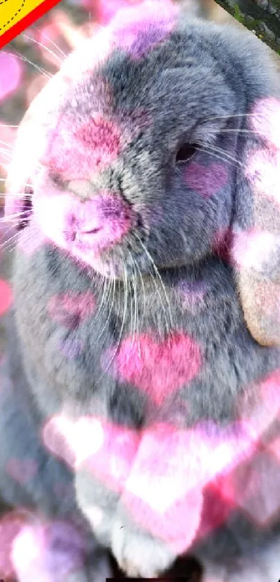 Fluffy grey rabbit with glowing heart shapes on background.