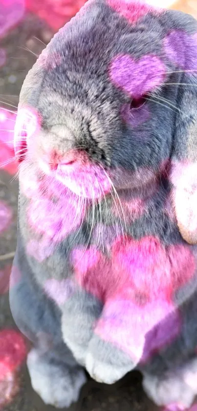 Gray rabbit with pink heart overlay wallpaper