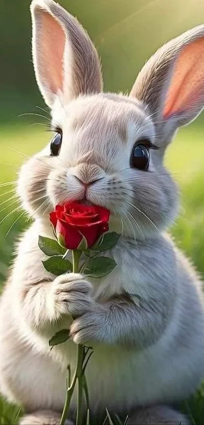 Fluffy rabbit holding a red rose on green grass.