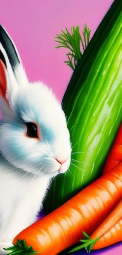 White rabbit with carrots and cucumber on purple background.