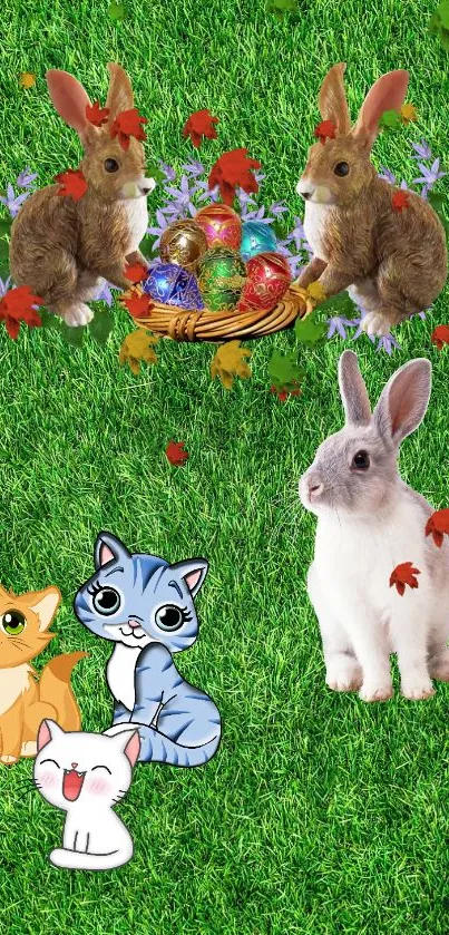 Cute rabbits and cats on green grass with autumn leaves.