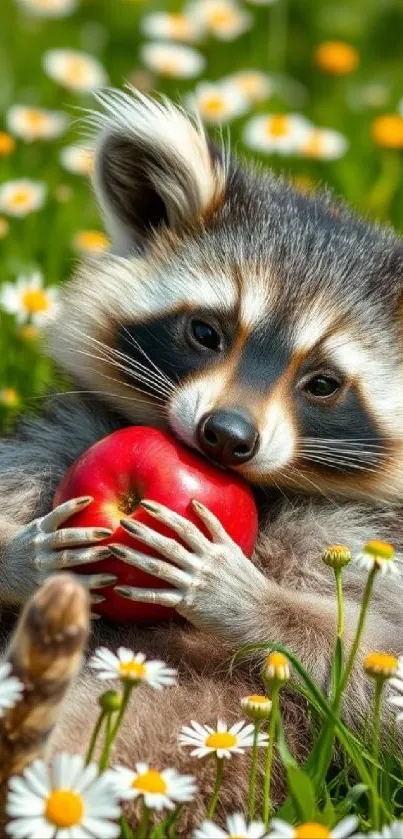 Adorable raccoon with red apple among daisies on a green field.