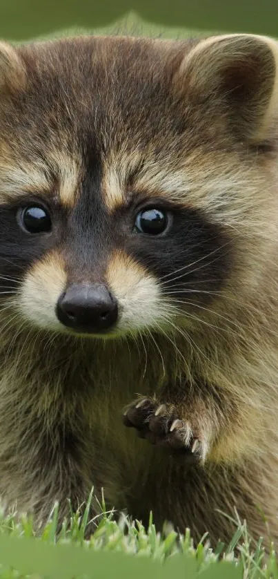 Adorable close-up of a raccoon in the grass mobile wallpaper.