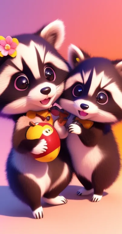 Cute cartoon raccoons on a colorful phone wallpaper.