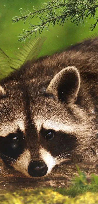 Cute raccoon resting on a log in a lush green forest.