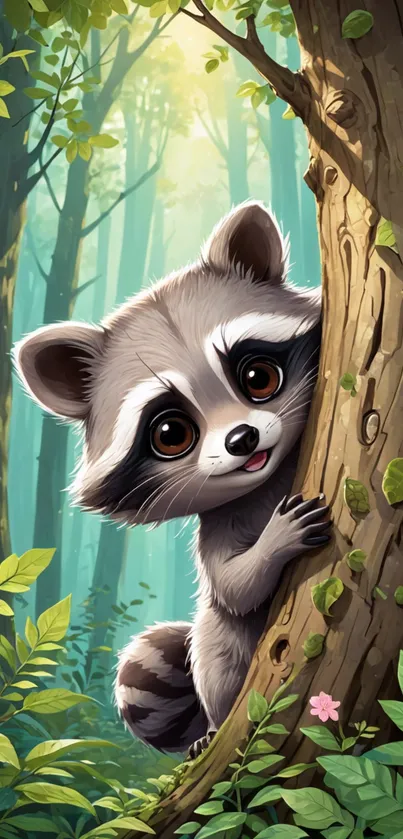 Adorable cartoon raccoon in a lush forest setting peeking from behind a tree.