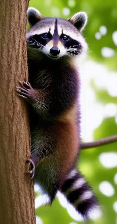 A cute raccoon climbing a tree with a green forest background.