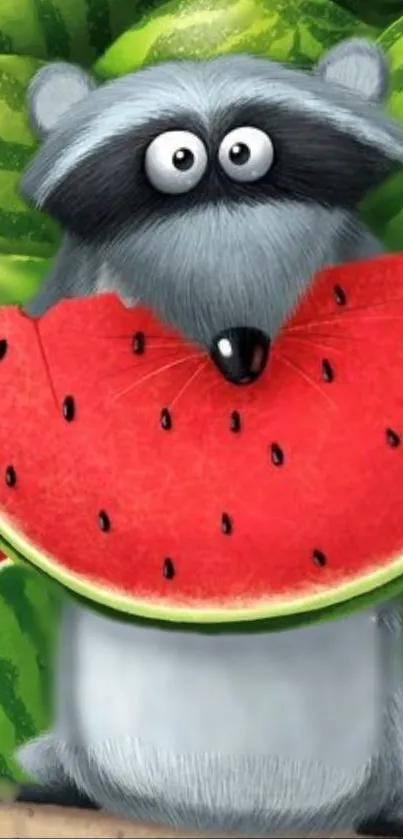 Cute raccoon with watermelon slice on green backdrop.