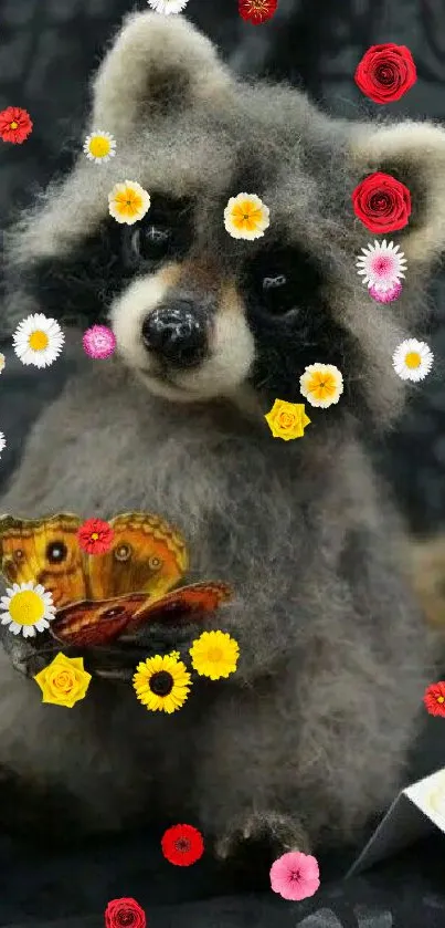 Adorable felt raccoon holding an orange butterfly.