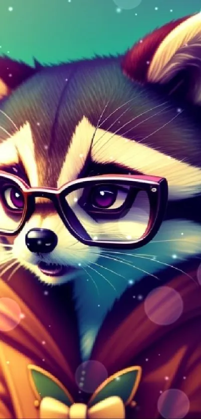 Cute raccoon wearing glasses and a bow in a cartoon style.