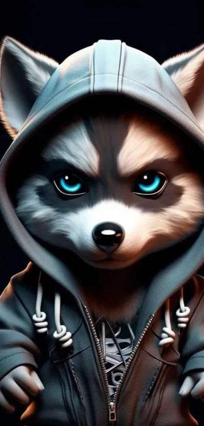 Cute raccoon wearing a hoodie against a dark background.