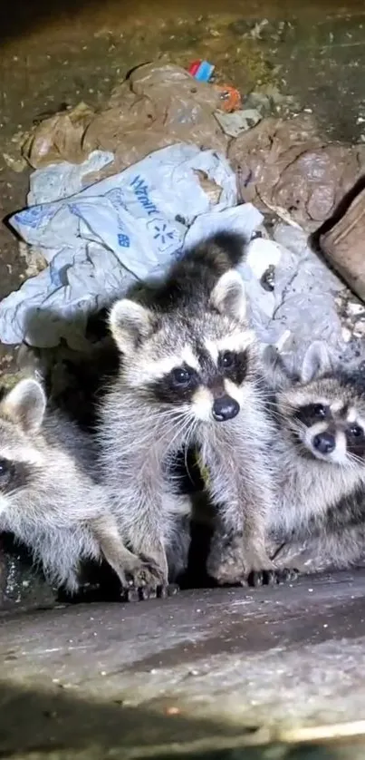 Three baby raccoons in a natural setting, surrounded by various textures.