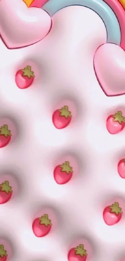 Cute wallpaper with pink hearts, strawberries, and rainbow.