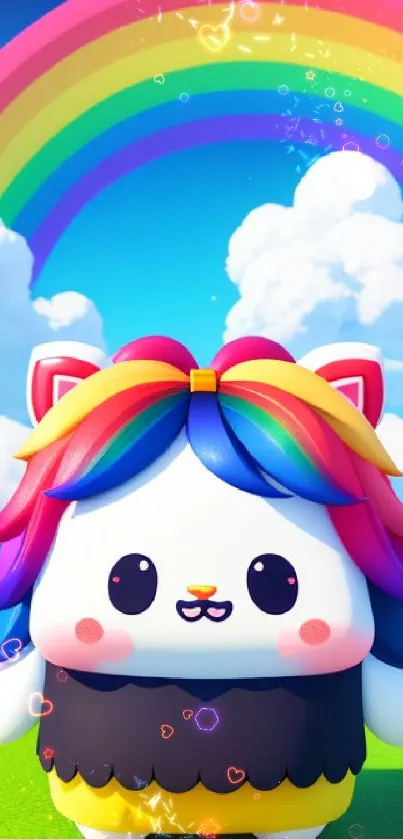 Adorable colorful animal with rainbow hair and sky backdrop.