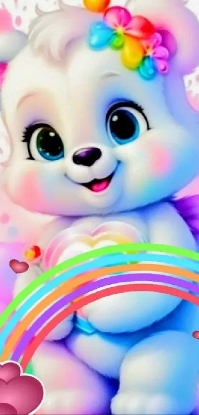 Adorable bear with rainbow and colorful flowers.