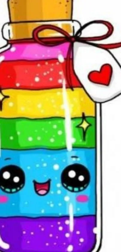 Kawaii rainbow bottle with smiling face art.