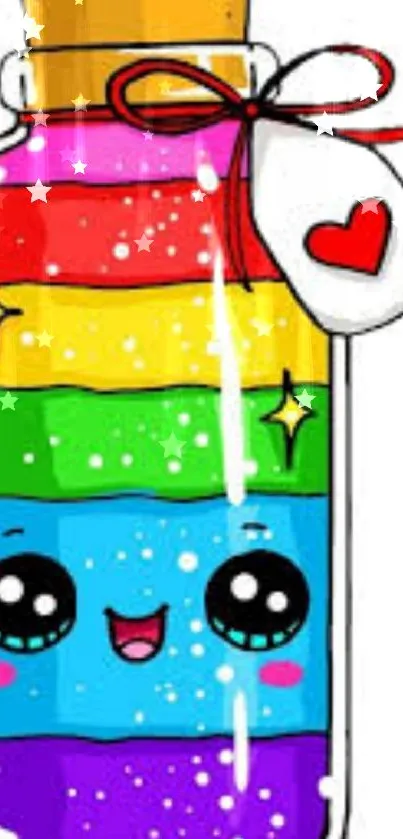 Cute rainbow cartoon bottle with happy face and vibrant colors.