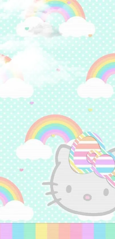 Cute cartoon cat with rainbow clouds design wallpaper.