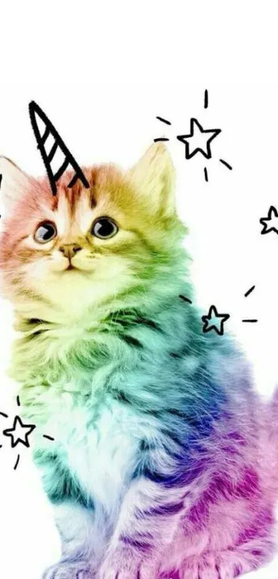 Colorful rainbow kitten with unicorn horn mobile wallpaper.