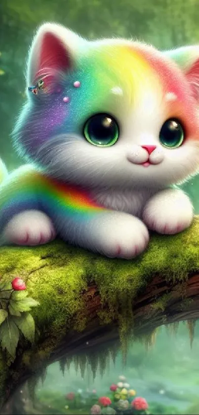 Adorable rainbow kitten on a green forest log.
