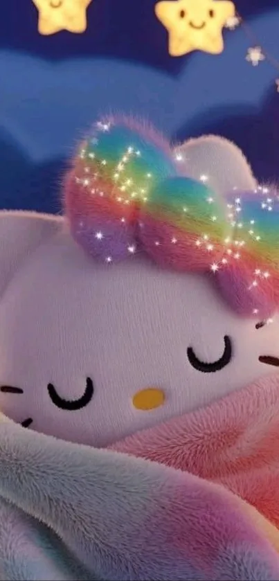 Cute rainbow-themed cat surrounded by glowing stars in a pastel blanket.