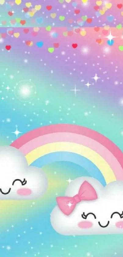 Cute clouds with a rainbow in a colorful, heart-decorated wallpaper.