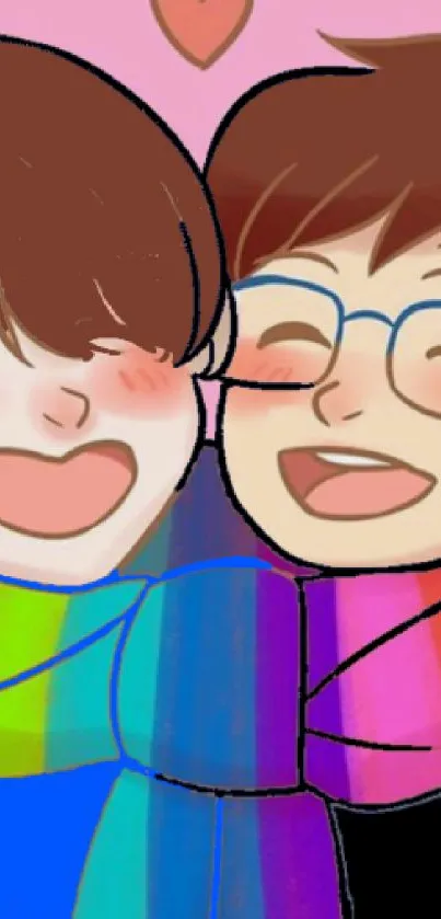 Cartoon friends in rainbow scarves with joyful expressions.