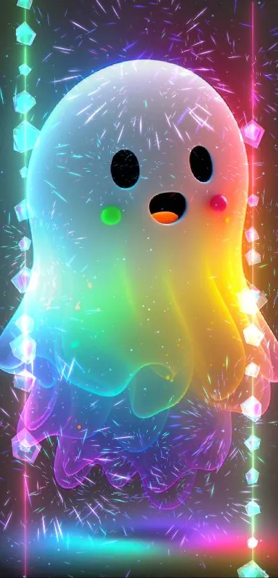 Cute glowing rainbow ghost with vibrant colors.