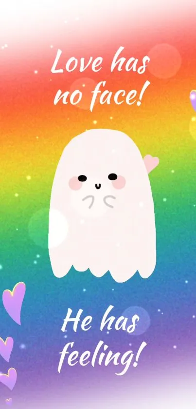 Cute ghost on rainbow background with hearts and stars.