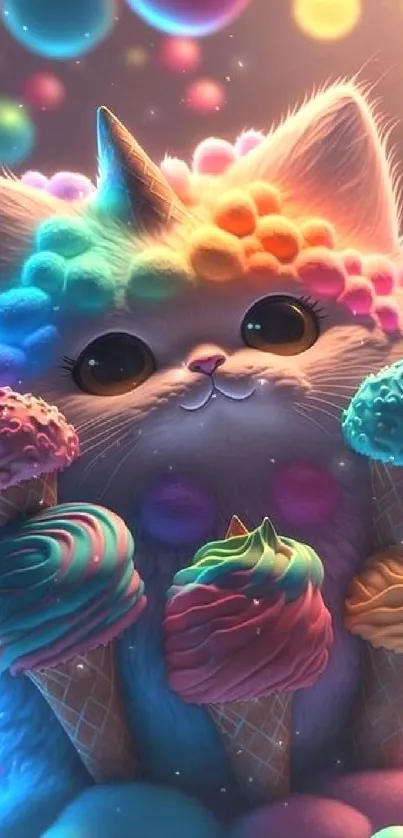 Cute rainbow cat with ice cream cones, vibrant colors.