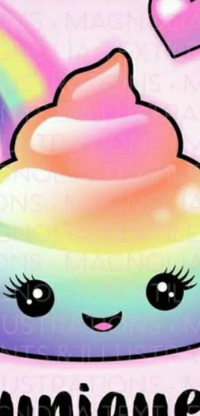 Kawaii rainbow poop emoji wallpaper with hearts and pastel colors.