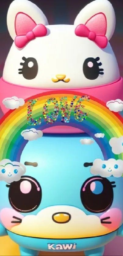 Kawaii characters with rainbow and clouds on a colorful background.